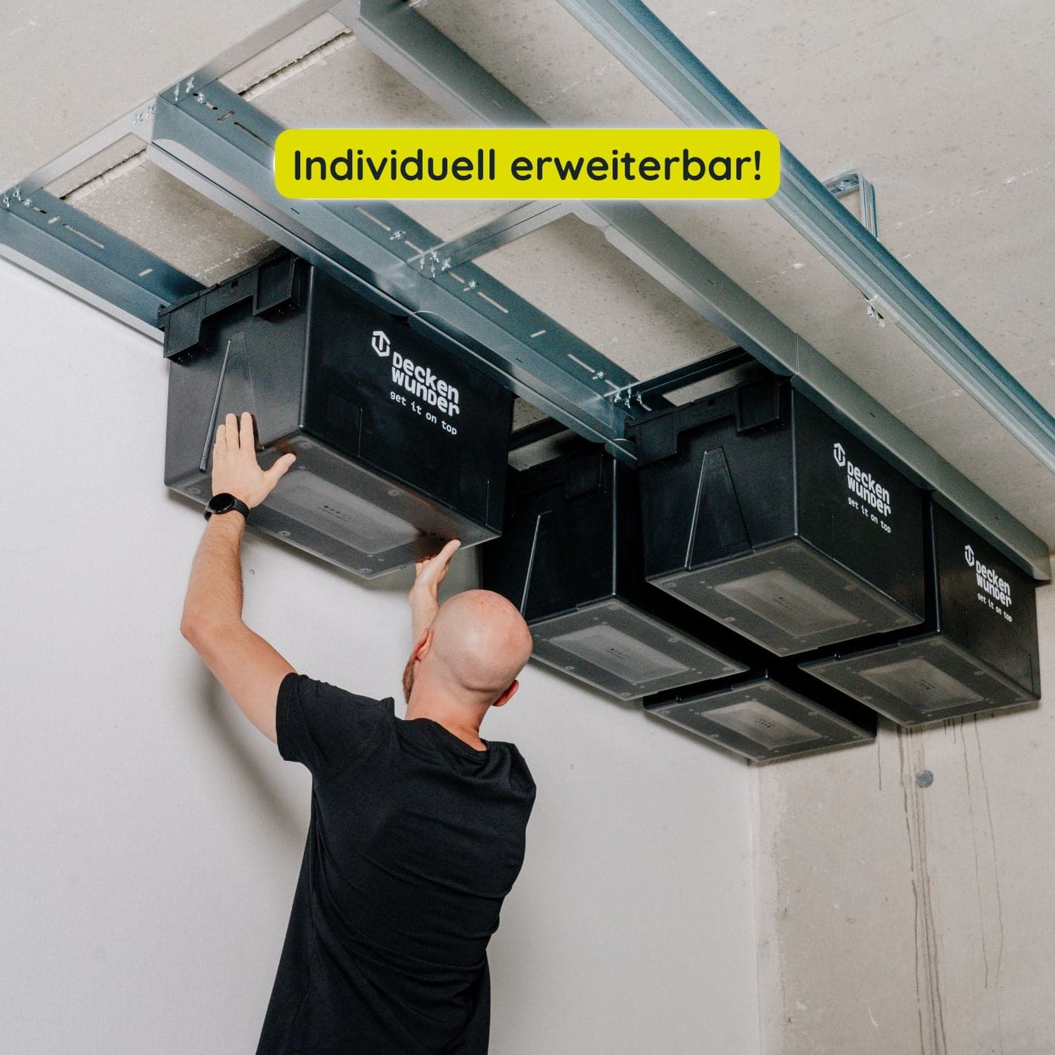 Deckenbox mit Schienensystem für mehr Ordnung im Keller